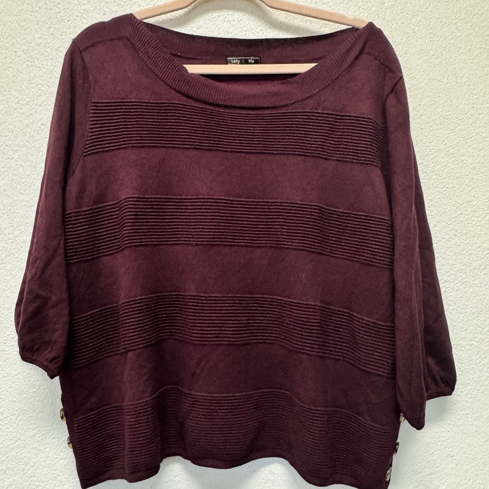 Lety & Me Sweater Women XLP Burgundy‎ Textured Stripe Button Detail 3/4 Sleeve